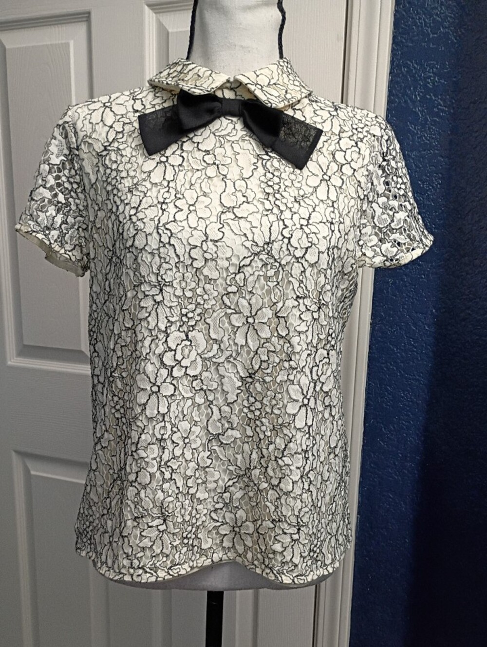 Karl Lagerfeld White Lace Floral Blouse with Black Bow
